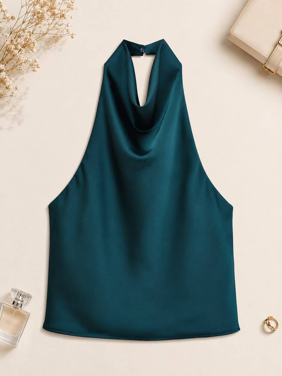 Spring/Summer Solid Color Satin Halter Neck Backless Top - Dark Green - View 1