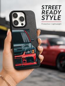 Casing Ponsel Sport JDM Tuner Kompatibel dengan iPhone 15 14 13 12 11 Pro Max, Ilustrasi Kartun Mobil Balap Modifikasi Abu-abu Merah Tampak Depan Tekstur Hitam Matte Tahan Guncangan TPU - Hitam - View 3