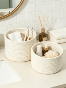1pc/3pcs Solid Color Desktop Storage Basket, Cotton Rope Storage Basket, Handmade Woven Round Rope Storage Basket, Decorative Desktop Storage Basket, Cute Mini Storage Basket, Suitable For Storing Cosmetics, Sundries, Stationery, Bathroom Supplies, Etc. - White - View 7