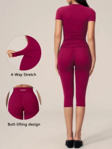 TimeOff Women's One Set Solid Color Small Round Neck Short Sleeve Fitted Butt-Lifting Mid-Length Shorts Sports Outfit - Red - View 11