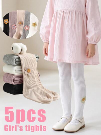 Bộ 5 đôi quần tất len sọc dọc phong cách ngọt ngào cho bé gái, quần legging em bé họa tiết hoa 3D dễ thương, xà cạp đa năng dùng hàng ngày, đi học và phối với váy công chúa