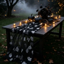 1/3pcs Little Ghost Table Runner, Perfect Choice For Halloween, Black Valentine's Day And Gothic Style Party Decoration. Exquisite Mesh Fabric, Suitable For Black Theme Wedding, Bar, Cafe And Private Dinner Party - Black - View 8
