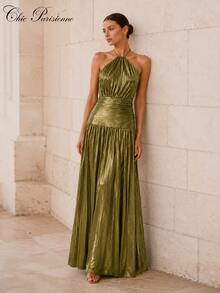 Olive Gold Metallic Halter Resort Evening Dress - 金色 - 查看 8