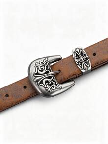 1pc Vintage Western Cowboy Punk Y2K Unisex PU Leather Belt With Carved Alloy Buckle And Rivet Decor Design, Suitable For Casual Daily Wear, Ideal Gift Choice - Coffee Brown - View 8