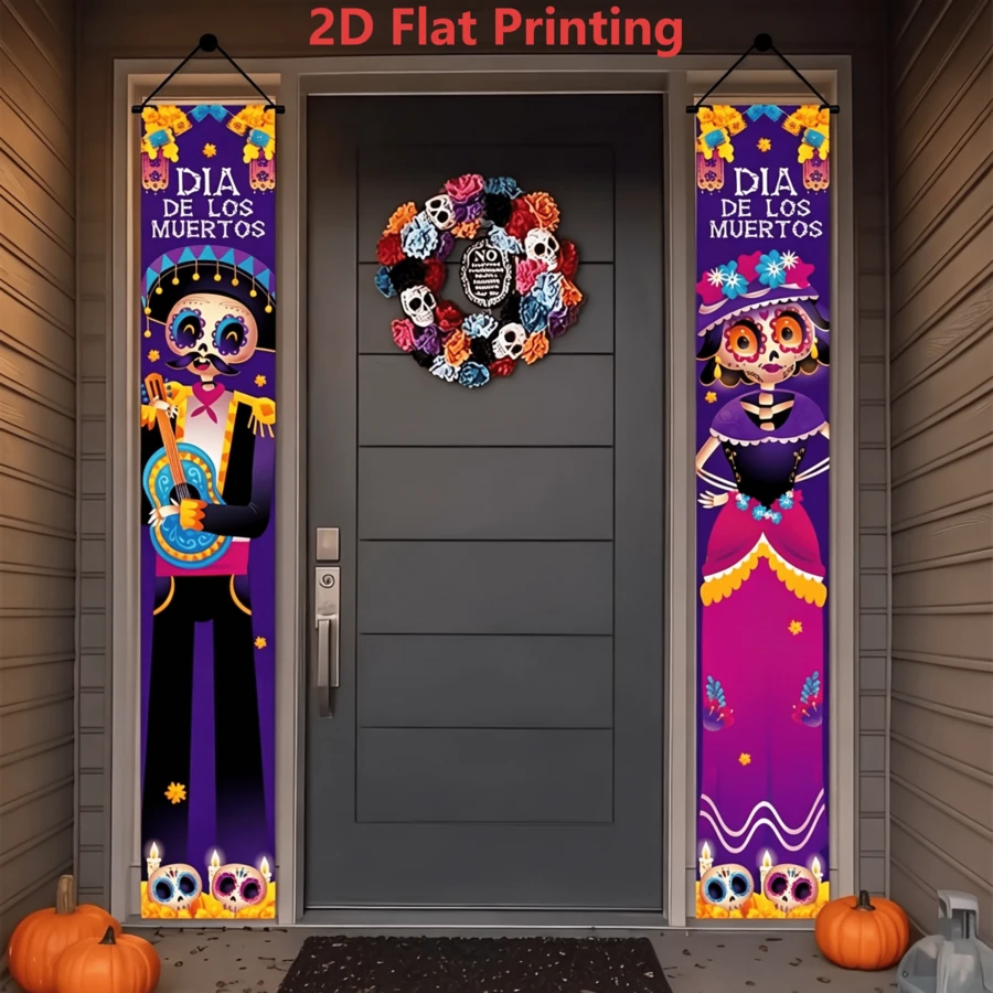 2 pezzi Striscione di benvenuto per porta 2D piatto viola Giorno dei Morti con scheletro, teschio di zucchero dipinto con chitarra, maschio & femmina, con calendula, in poliestere, adatto per decorazione porta Dia de los Muertos, decorazione festa a tema, altare domestico Dia de los Muertos, eventi a tema cultura latino-americana - A - Visualizzare 1