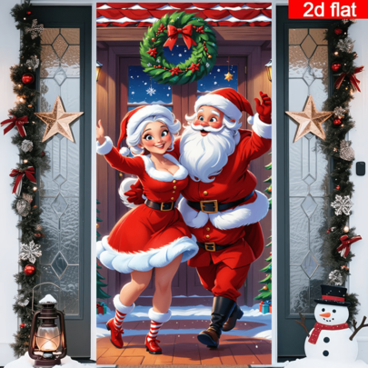 Rèm cửa phẳng 2D cặp đôi ông bà Noel Giáng Sinh, phong cách hoạt hình ông bà Noel nhảy cùng nhau, kết hợp với vòng hoa Giáng Sinh, cây thông Noel và các yếu tố cảnh tuyết, phối màu đỏ trắng, chất liệu polyester bền, không cần dùng điện, phù hợp trang trí tiệc Giáng Sinh, dùng được cho tường, cửa và cửa sổ trong nhà lẫn ngoài trời, tạo không khí lễ hội cho nhà ở, trung tâm thương mại, studio, cảnh ngoài trời, chất liệu polyester, không cần dùng điện