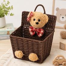 1pc Woven Rope Storage Basket, Teddy Bear Toy Storage Bin, Bedroom Decor Laundry Basket, Rectangular Handmade Plush Bow Handle, Wicker Brown Home Storage Bucket, Gift - Multicolor - View 4