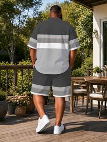 Plus Size Men's T-Shirt & Shorts Home Lounge Set, Casual Vacation Top, Luxury Gray Tone Multi-Layer Fine Gold Stripe Small Horse Logo, Short Sleeve Drawstring Shorts, Loose Fit, 2-Piece Loungewear For Pool, Beach, Travel And Home - Multicolor - View 4