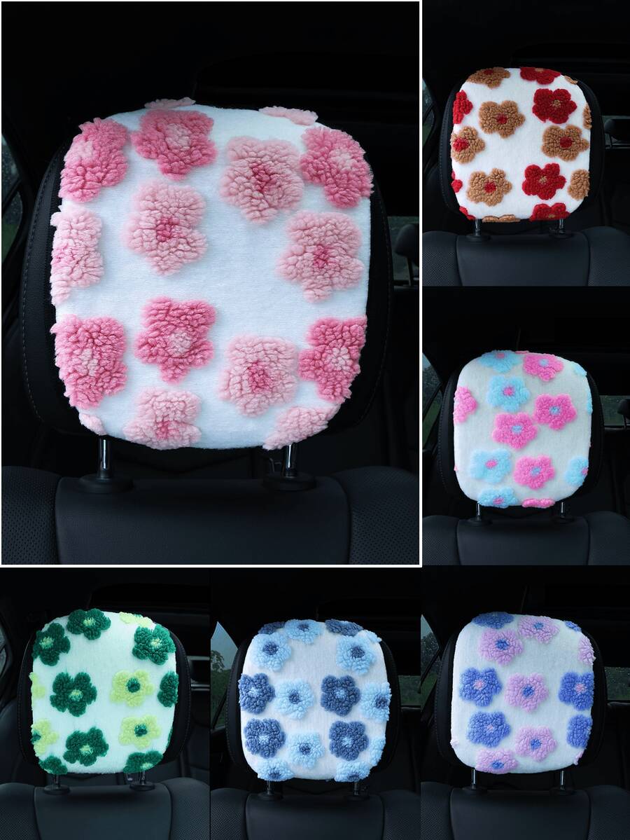 Warm Soft Fluffy 3D Floral Pattern Car Headrest Cover, Removable And Washable Car Interior Accessory, Suitable For Seats And Headrests, Fit For Women, Winter, Car Accessories For Women