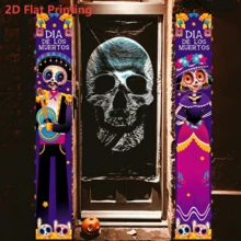 2 pezzi Striscione di benvenuto per porta 2D piatto viola Giorno dei Morti con scheletro, teschio di zucchero dipinto con chitarra, maschio & femmina, con calendula, in poliestere, adatto per decorazione porta Dia de los Muertos, decorazione festa a tema, altare domestico Dia de los Muertos, eventi a tema cultura latino-americana - A - Visualizzare 4
