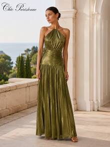 Olive Gold Metallic Halter Resort Evening Dress - 金色 - 查看 2