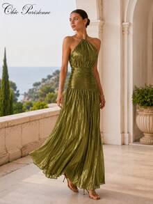 Olive Gold Metallic Halter Resort Evening Dress - 金色 - 查看 12