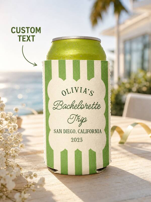 Funda aislante personalizada para latas de bebidas con rayas vintage, texto personalizable, funda aislante para bebidas con bloques de color retro, regalo conmemorativo de moda, adecuado para despedida de soltero, viajes, despedida de soltera, reunión en la ciudad, regalo para invitados de boda y celebración de cócteles festivos