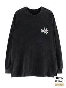 Women's Washed Black Long Sleeve T-Shirt, Fun Floral Print Pattern, Loose Fit, Stylish Vintage Black, Oversize - Black - View 4