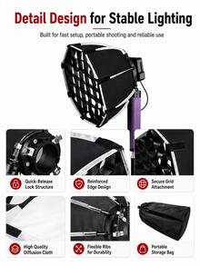 30cm Quick Detachable Octagonal Mini Softbox, Mini Bowens Mount Portable Photography Soft Light Diffuser, Includes Diffusion Cloth And Honeycomb Grid, Compatible With Mini Bowens Mount COB LED Photography Lights, Suitable For Outdoor Portrait, Vlog, Product Photography, Live Streaming - View 9