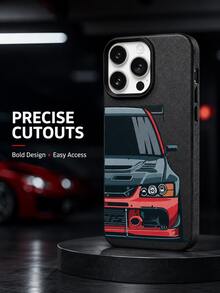 Casing Ponsel Sport JDM Tuner Kompatibel dengan iPhone 15 14 13 12 11 Pro Max, Ilustrasi Kartun Mobil Balap Modifikasi Abu-abu Merah Tampak Depan Tekstur Hitam Matte Tahan Guncangan TPU - Hitam - View 4