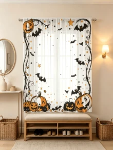 2pcs Pumpkin Bat Spider Star Print Semi-Transparent Rod Pocket Sheer Curtains, 100% Polyester Machine Washable, Suitable For Living Room Bedroom Coffee Room, Holiday Decor, Lightweight Design, Halloween Thanksgiving Christmas Decoration, Festive Style, Holiday Shopping Essential, 2D Flat Printing - Multicolor - View 7
