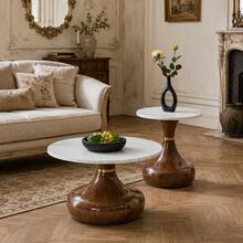 Set Of 2 Coffee Tables From The Sanduhr Series With Distinctive Conical Shape, Melamine Tabletop With Wood Look + Cream Colored Metal Base, Space Saving And Stackable, Ideal For Living Room, Bedroom And Office. - White+Walnut + Metal - View 3