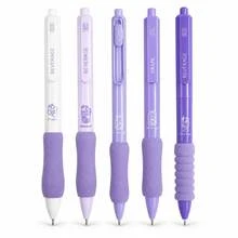 5支可伸縮凝膠筆，淺藍色靜音無噪音按壓筆，0.5mm細筆尖快乾黑色墨水順滑書寫筆，適用於考試、學校、辦公文具套裝 - 紫丁香色 - 查看 1