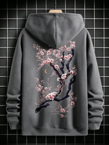 One-Piece Sporty Casual Hoodie With Cherry Blossom Print, Loose Drop-Shoulder Design, Unisex And Couple's Hoodie. - 深灰色 - 查看 2