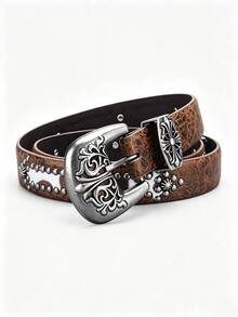 1pc Vintage Western Cowboy Punk Y2K Unisex PU Leather Belt With Carved Alloy Buckle And Rivet Decor Design, Suitable For Casual Daily Wear, Ideal Gift Choice - Coffee Brown - View 4