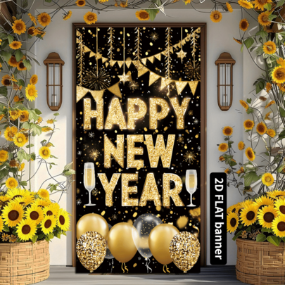 2D Flat Black & Gold New Year Theme Door Curtain, Black Background With Gold "HAPPY NEW YEAR" Text, Champagne Glasses, Balloons And Triangle Flags Elements, Premium Black & Gold Color Scheme, Durable Polyester, No Power Required, Suitable For New Year Party Decoration, Indoor/Outdoor Wall, Door And Window Decoration, Holiday Atmosphere Arrangement, Home, Restaurant, Studio, Outdoor Scene Universal, Polyester Material, No Power Required