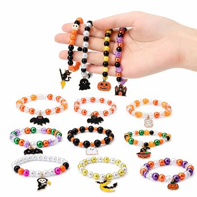 Vòng tay hạt ngọc giả nhiều lớp Halloween, trang trí Halloween, decor Halloween, kèm mặt dây bí ngô, dơi, phù thủy và đầu lâu, phù hợp cho tiệc lễ hội và tiệc hóa trang cosplay