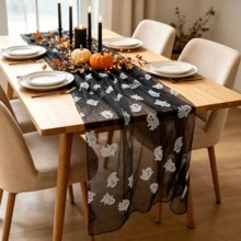 1/3pcs Little Ghost Table Runner, Perfect Choice For Halloween, Black Valentine's Day And Gothic Style Party Decoration. Exquisite Mesh Fabric, Suitable For Black Theme Wedding, Bar, Cafe And Private Dinner Party - Black - View 5