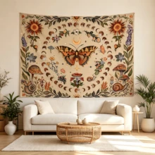1pc Sun And Moon Tapestry Vintage Bohemian Wall Hanging Butterfly Dancing Among Flowers Natural Magic Realm Tapestry Banner, Large Size Printed Fabric, Bedroom Aesthetic Hanging Tapestry, For Party Celebration, Bedroom Office Living Room, Home Decor, Fabric Wall Decoration, 2D Flat Version - Multicolor - View 9