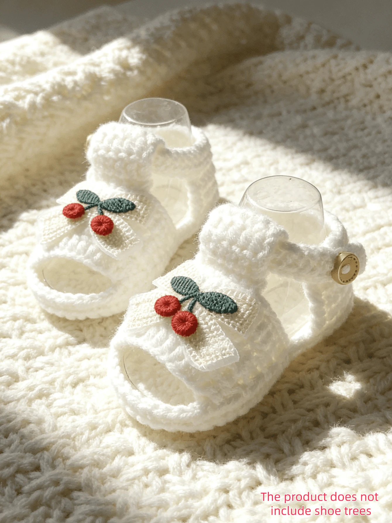 1 Pair Crochet Infant Sandal Booties, Cherry Bow Embellishment, Handmade Infant Shoes - White - View 1
