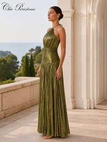Olive Gold Metallic Halter Resort Evening Dress - 金色 - 查看 5