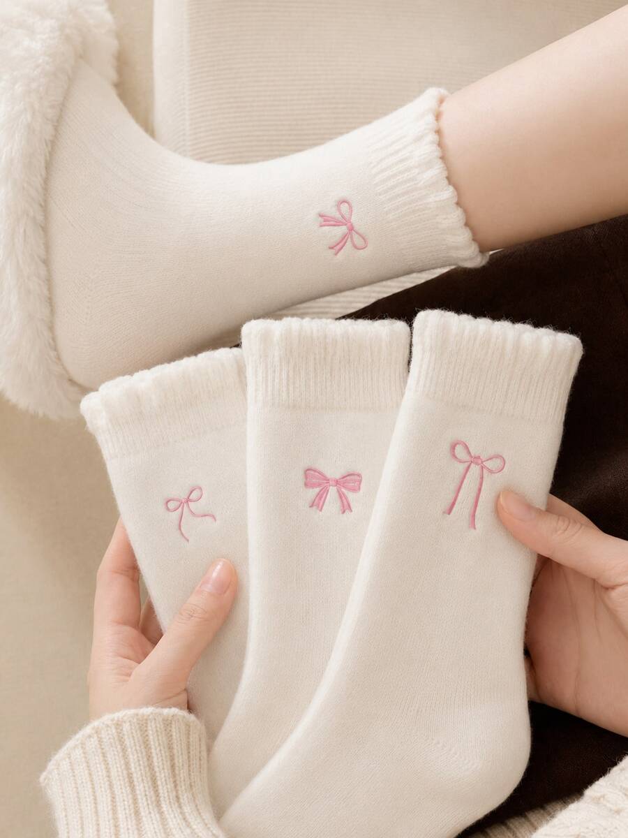 3雙女款蝴蝶結襪 可愛簡約貂絨毛襪 中筒襪 厚實柔軟蓬鬆保暖舒適 隨機配色 - 彩色 - 查看 1