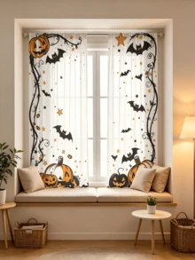 2pcs Pumpkin Bat Spider Star Print Semi-Transparent Rod Pocket Sheer Curtains, 100% Polyester Machine Washable, Suitable For Living Room Bedroom Coffee Room, Holiday Decor, Lightweight Design, Halloween Thanksgiving Christmas Decoration, Festive Style, Holiday Shopping Essential, 2D Flat Printing - Multicolor - View 11
