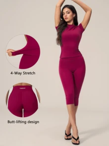 TimeOff Women's One Set Solid Color Small Round Neck Short Sleeve Fitted Butt-Lifting Mid-Length Shorts Sports Outfit - Red - View 10
