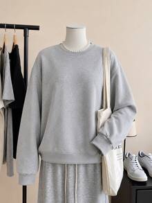 Women's New Autumn/Winter Crew Neck Sweatshirt, Solid Color Minimalist All-Match Style, Casual Fashion Versatile Sweet Top - Grey - View 4