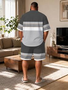 Plus Size Men's T-Shirt & Shorts Home Lounge Set, Casual Vacation Top, Luxury Gray Tone Multi-Layer Fine Gold Stripe Small Horse Logo, Short Sleeve Drawstring Shorts, Loose Fit, 2-Piece Loungewear For Pool, Beach, Travel And Home - Multicolor - View 2