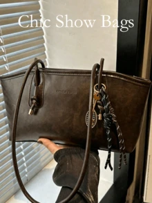 Dedoo 1pc New Coffee Color Bowling Bag, Autumn/Winter Vintage Style, Suitable For Commuting/Student Use (Pendant Not Included) - Coffee Brown - View 10