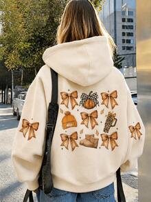 Women's Autumn Printed Sweatshirt, Decorated With Bows And Autumn Elements, Long Sleeve Pullover Sweatshirt, Combining Street Style And Winter Comfort. Printed Pattern Sweatshirt, Plus Size Women's Casual Autumn/Winter Long Sleeve Pocket Sweatshirt, Suitable For Winter Holiday, Beach, Vacation, Autumn, Halloween, Christmas, New Year. Suitable For Daily Wear, Going Out Top, Outings, Holidays, Beach, Parties, Birthdays, Beach, Gatherings, School, Music Festivals. - Apricot - View 3