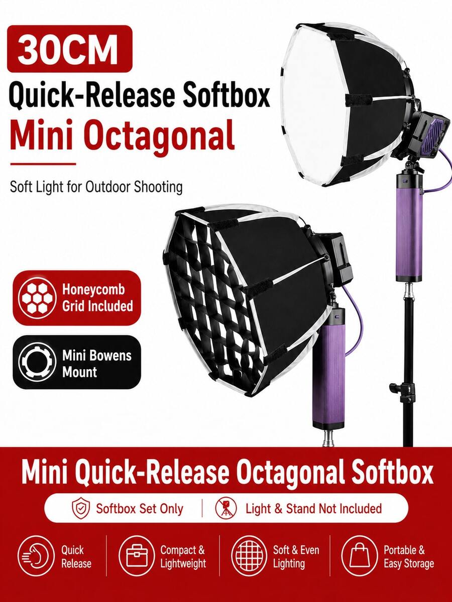 30cm Quick Detachable Octagonal Mini Softbox, Mini Bowens Mount Portable Photography Soft Light Diffuser, Includes Diffusion Cloth And Honeycomb Grid, Compatible With Mini Bowens Mount COB LED Photography Lights, Suitable For Outdoor Portrait, Vlog, Product Photography, Live Streaming - View 1