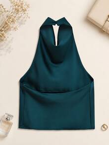 Spring/Summer Solid Color Satin Halter Neck Backless Top - Dark Green - View 2