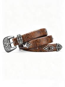 1pc Vintage Western Cowboy Punk Y2K Unisex PU Leather Belt With Carved Alloy Buckle And Rivet Decor Design, Suitable For Casual Daily Wear, Ideal Gift Choice - Coffee Brown - View 10