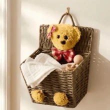 1pc Woven Rope Storage Basket, Teddy Bear Toy Storage Bin, Bedroom Decor Laundry Basket, Rectangular Handmade Plush Bow Handle, Wicker Brown Home Storage Bucket, Gift - Multicolor - View 2