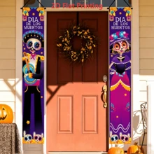 2 pezzi Striscione di benvenuto per porta 2D piatto viola Giorno dei Morti con scheletro, teschio di zucchero dipinto con chitarra, maschio & femmina, con calendula, in poliestere, adatto per decorazione porta Dia de los Muertos, decorazione festa a tema, altare domestico Dia de los Muertos, eventi a tema cultura latino-americana - A - Visualizzare 6
