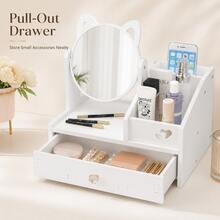 360° Rotating Mirror Makeup Organizer With Drawers And Multiple Storage Compartments, Cute Cat Ear Vanity Storage Box For Makeup Brushes, Lipsticks, Skincare Products (White) - 29CM - View 11