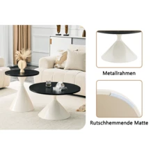 Set Of 2 Coffee Tables From The Sanduhr Series With Distinctive Conical Shape, Melamine Tabletop With Wood Look + Cream Colored Metal Base, Space Saving And Stackable, Ideal For Living Room, Bedroom And Office. - Black + Metal - View 3