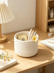 1pc/3pcs Solid Color Desktop Storage Basket, Cotton Rope Storage Basket, Handmade Woven Round Rope Storage Basket, Decorative Desktop Storage Basket, Cute Mini Storage Basket, Suitable For Storing Cosmetics, Sundries, Stationery, Bathroom Supplies, Etc. - White - View 11