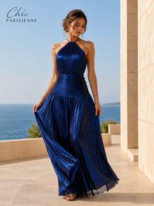 Midnight Navy Metallic Halter Evening Maxi Dress - 深藍色 - 查看 8