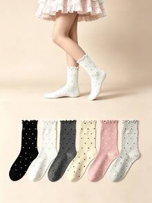 1/6 Pairs Minimalist Solid Color Small Polka Dot Sweet Ruffle Edge Versatile Comfortable Mid-Calf Socks - Multicolor - View 1
