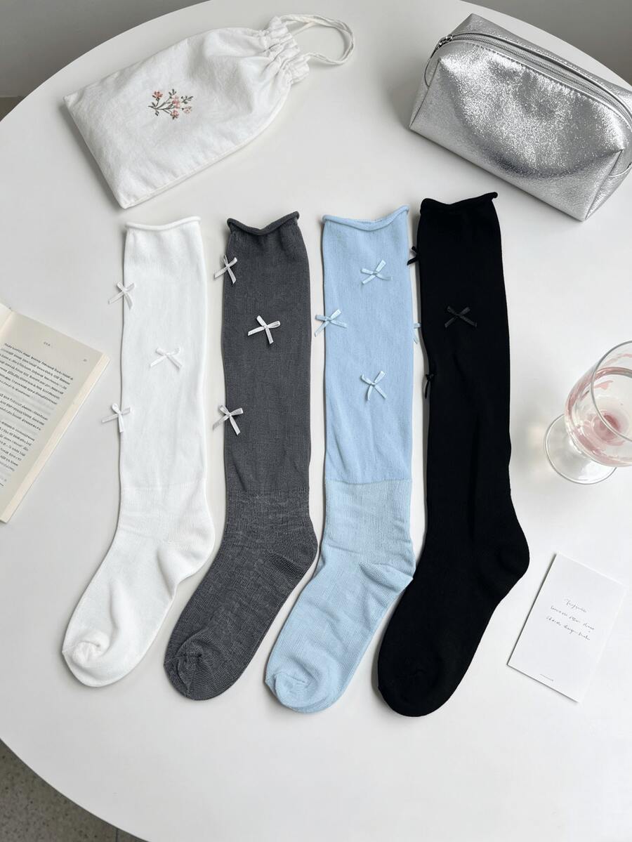 1/4 Pairs Summer Early Autumn Soft Versatile Sweet Small Bow Slouch Knee-High Socks - Multicolor - View 1