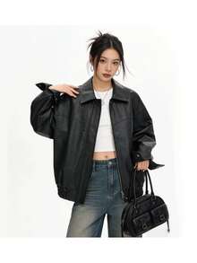 Premium Fashion Versatile Leather Jacket, Solid Color Zipper Leather Coat, College Style, Vacation, Daily Wear, Spring/Autumn - Black - View 6